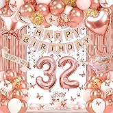 32nd Birthday Decorations for Women, Rose Gold 32 Birthday Party Decorations Include Heart Star Foil Confetti Balloons, Rose Gold Fringe Curtain, Hanging Swirls