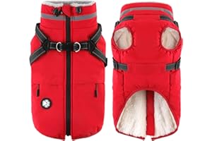 Dogcheer Dog Coat with Harness, Waterproof Dog Jacket, Christmas Puppy Winter Coat with Pocket, Reflective Doggy Turtleneck Puffer Vest for Small Medium Large Dogs - Red, S