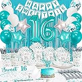 Sweet 16 Party Decorations - Teal Plates, Napkins, Balloons, Sash, Caketopper, Metallic Curtains, Tablecover for 20 Guests