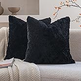 Neelvin Set of 2 Faux Fur Throw Pillow Covers 24x24 Inch Black Cozy Soft Solid Decorative Pillowcases Thick Plush Sheepskin Cushion Case for Chair and Couch Sofa Bedroom