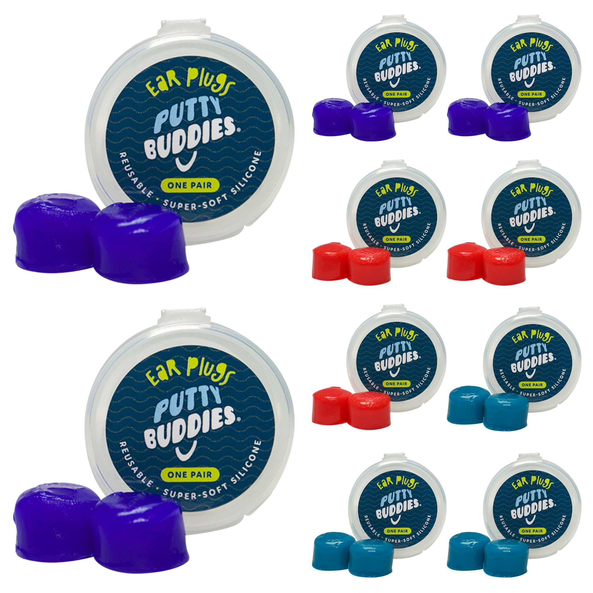 Putty Buddies Super Soft Comfortable Original Swimming Earplugs for Kids (Block Water) 10-Pair Blue/Red/Teal