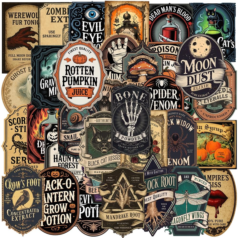Photo 1 of 100PCS Halloween Potion Label Stickers,Apothecary Magic Labels Stickers Waterproof Vinyl Stickers for Water Bottle Laptop Computer