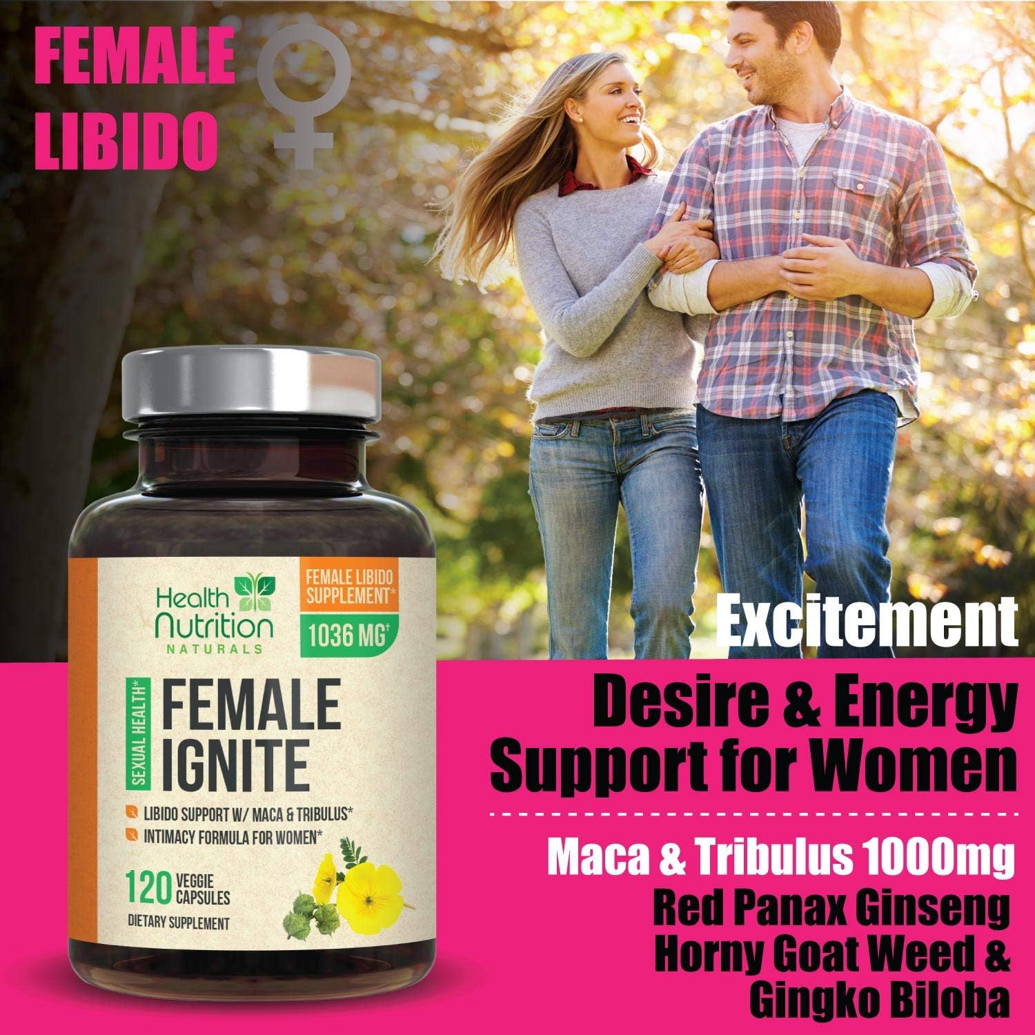 Female Libido Supplement with Maca, Tribulus & Horny Goat Weed 1000mg for Excitement, Desire & Energy Vitamins for Women - B12, Red Panax Ginseng, Dong Quai & Gingko - 120 Capsules: Health & Personal Care