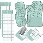 Oven Mitts Pot Holders Sets/Kitchen Towels and Dishcloths, Oven Gloves Kitchen Dish Towels 500 Degree Heat Resistant Potholders with Non-Slip Silicone Surface for Cooking, Grilling, Baking-Mint Green