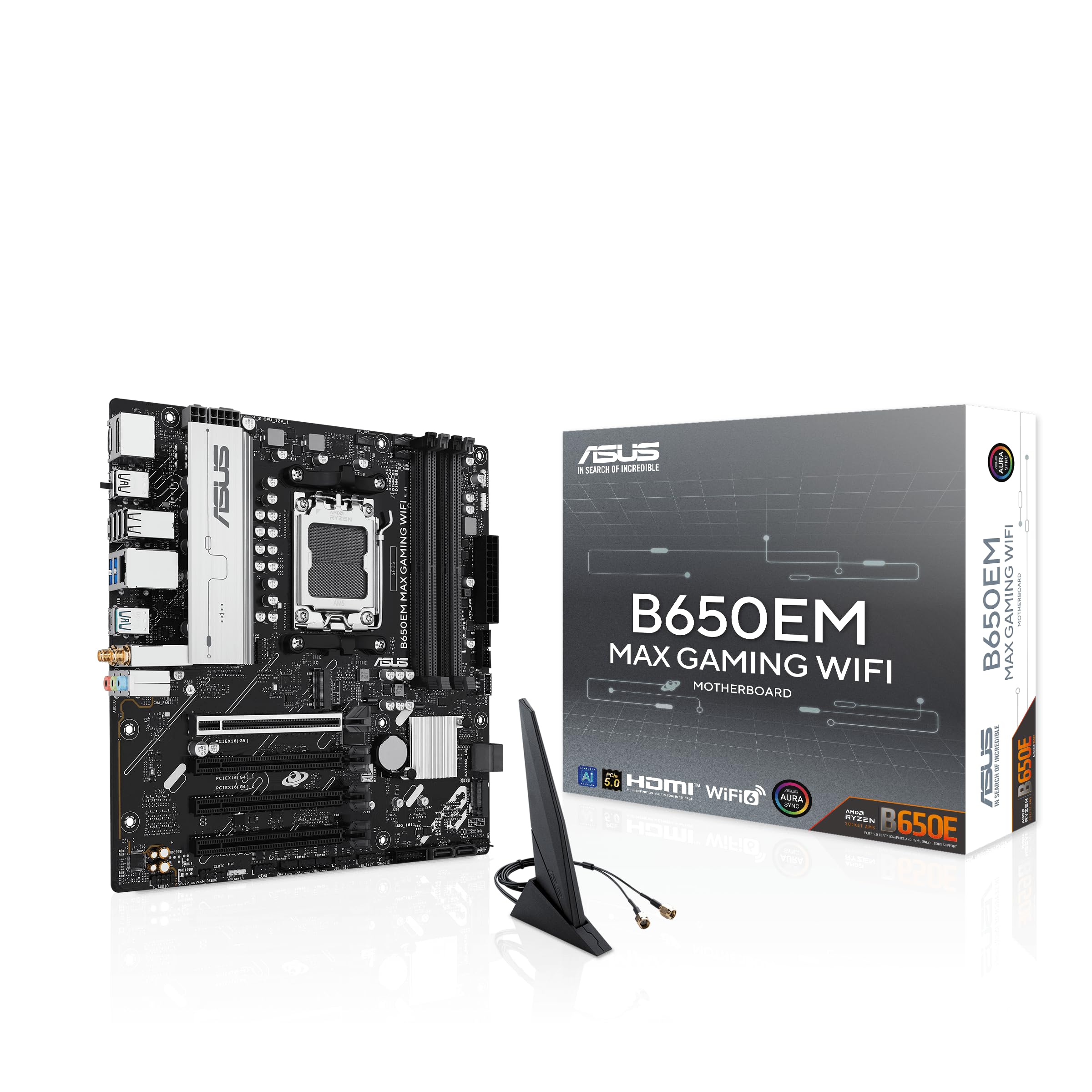 Photo 1 of ASUS B650EM MAX Gaming WiFi AMD B650 mATX Motherboard, DDR5, PCIe 5.0 Ready, 3X M.2 Slots, WiFi6, 1Gb Ethernet, DisplayPort, HDMI, Rear USB 10Gbps Type-A & Type-C Ports, BIOS Flashback, Aura Sync