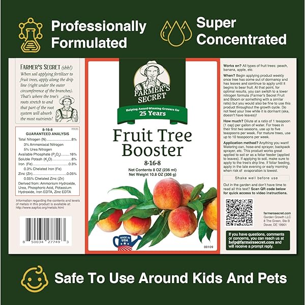 FARMER’S SECRET FRUIT TREE BOOSTER FERTILIZER (32OZ) – SUPER CONCENTRATED AND PHOSPHORUS RICH – FORMULATED FOR ALL FRUIT TREES INCLUDING PEACH, BANANA, AND APPLE