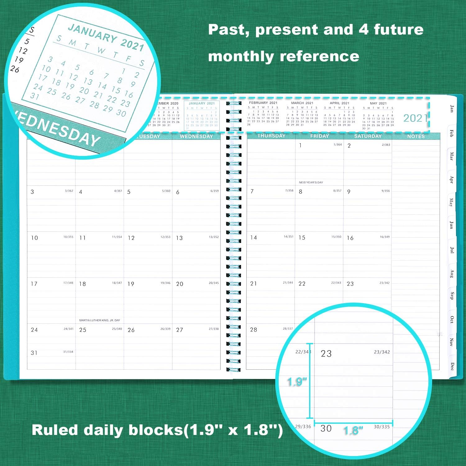 2021 Monthly Planner - 12-Month Planner with Tabs, Pocket, Label, Contacts and Passwords, 8.5" x 11", Jan. - Dec. 2021, Twin-Wire Binding - Teal by Artfan : Office Products