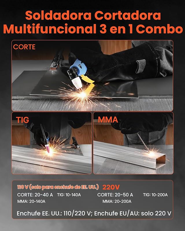Máquina de Soldar Combinada 3 en 1, Corte/TIG/MMA, Cortadora de Plasma de 50 A y Soldadora de Electrodo TIG de 200 A, Pantalla Digital LED con Función 2T/4T/PA/PT para Bricolaje y Talleres