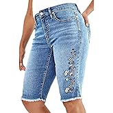 Flamingals Women's Casual Denim Shorts Mid Rise Stretchy Raw Hem Floral Embroidery Bermuda Shorts