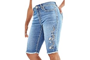 Flamingals Women's Casual Denim Shorts Mid Rise Stretchy Raw Hem Floral Embroidery Bermuda Shorts