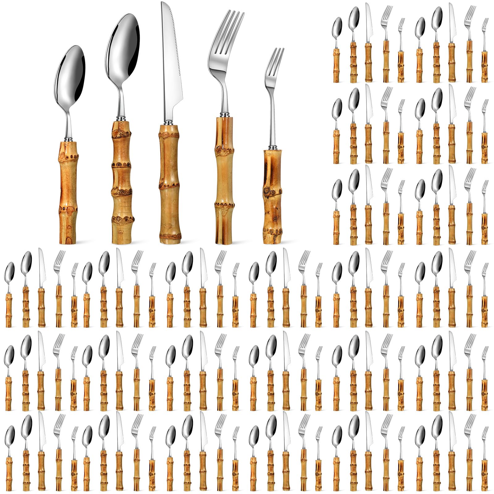 Photo 1 of Eboot Bamboo Silverware Set 18/8 Stainless Steel Tableware Set Natural Utensil Flatware Kit Spoon Fork Knives Bamboo Handle Cutlery for Kitchen Wedding Home Restaurant Party(Silver,120 Pieces)