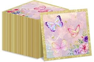 XJLANTTE 100Pcs Butterfly Napkins, 13 x 13 Inches Pink Floral Paper Napkins, Spring Flower Party Napkins, Decorative Paper Napkins for Wedding Floral Spring Butterfly Birthday Decorations