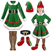 AOTHSO Girls Christmas Elf Dress Costume Set Elf Cosplay Outfit Velvet Dress Elf Hat Ear Belt Knee Socks for Christmas Party