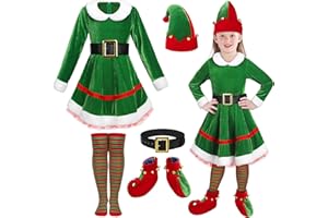 AOTHSO Girls Christmas Elf Dress Costume Set Elf Cosplay Outfit Velvet Dress Elf Hat Ear Belt Knee Socks for Christmas Party