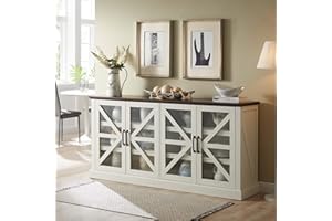 SinCiDo Farmhouse Buffet Cabinet with Storage, 70" Wood Sideboard Storage Cabinet w/4 Glass Barn Doors & Adjustable Shelf, Bar Cabinet for Kitchen, Dining Room, Hallway, White
