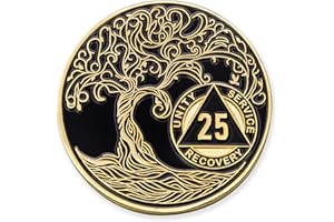 25 Year Sobriety Mint Twisted Tree of Life Gold Plated AA Recovery Medallion/Chip/Token - Black