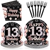 Greencian 96Pcs 13th Birthday Decorations for Girls Black and Rose Gold 13th Plates and Napkins Disposable Rose Gold 13 Happy Birthday Tableware Set for Girls 13 Years Old Party Supplies, Serves 24
