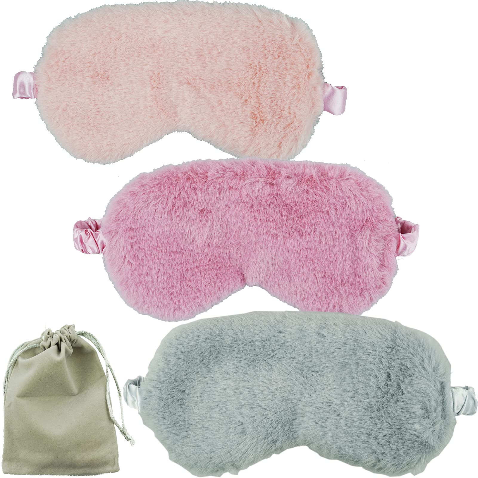 3Pack Silk Sleeping Masks for Women, Blackout Sleep Eye Mask, Soft Night Mask, Fluffy Eye Covers with Travel Pouch, Sleep Blindfold for Women Kids(Pink/Purple/Grey/Burgundy)