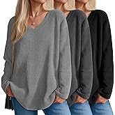 Velvelhall 3 Pack Women's Oversized Waffle Knit Shirts, V Neck Long Sleeve Top Fall Casual Sweatshirt for Women