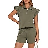 BTFBM Womens 2 Piece Outfits Spring Sweatsuit Zipper V Neck Casual Ruffle Cap Sleeve Tops Drawstring Shorts Lounge Sets