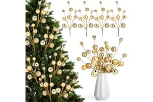 Suncalla 4 Pcs 15 Inch Gold Christmas Tree Picks Xmas Glitter Ball Christmas Tree Decorations Artificial Stems for Xmas Topper Ornaments DIY Wreath Garland Crafts Winter Home Decor