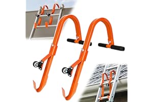 VONLX 2 Pack Ladder Roof Hooks, Heavy Duty Steel Extension Ladder Roof Stabilizer with Wheels for Roof Extension with Rubber Grip T-Bar, 500 lb Load Capacity, Easy to Access Steep Roofs, Orange