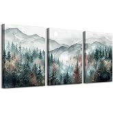 TTHYUEWS Farmhouse Wall Art For Bedroom Wall Decor For Living Room Wall Pictures for Office Fog Forest Mountain Landscape Watercolour Painting Artwork Modern Home Decorations Ready To Hang 3 Piece