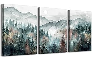 TTHYUEWS Farmhouse Wall Art For Bedroom Wall Decor For Living Room Wall Pictures for Office Fog Forest Mountain Landscape Watercolour Painting Artwork Modern Home Decorations Ready To Hang 3 Piece