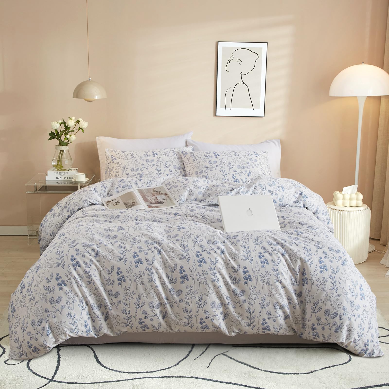 VM VOUGEMARKET Duvet Cover Full 3 PCS Blue Floral Bedding Set Botanical Printed on White Duvet Cover Soft Cotton Comforter Cover with Zipper Closure 4 Ties for Teen Girls-80x90 Inch Image