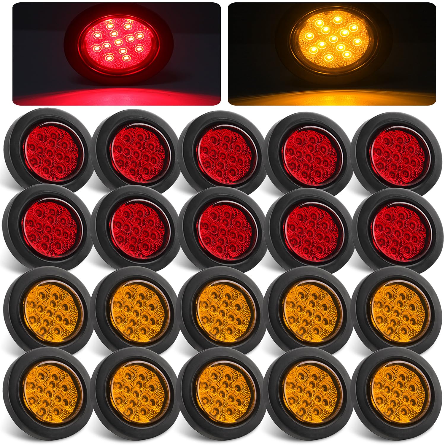 Photo 1 of 2.5" Round LED Marker Lights 13 LEDs w/Reflectors, 10 Amber + 10 Red 2 1/2" Round LED Trailer Marker Lights Truck RV Side Clearance Marker Lights Sealed Flush Grommets Mount w/2 Prong Wire Pigtails