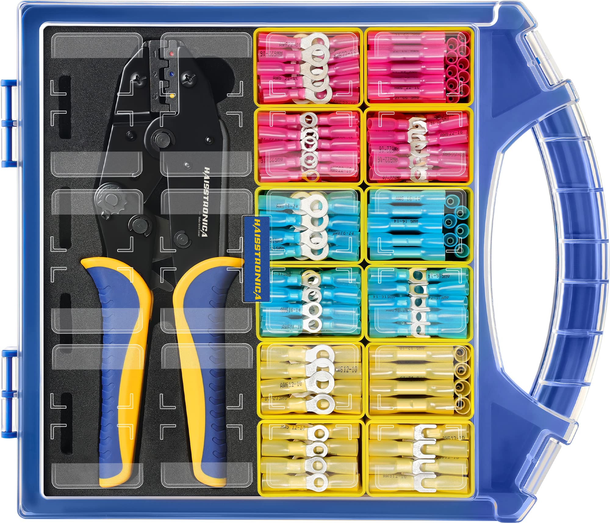 Photo 1 of haisstronica 380PCS Marine Grade Heat Shrink Wire Connectors Set, 22-10 AWG Electrical Wire Connectors Kit,Ring Fork Butt Splice(3Color/12Size),with 9" Crimping Tools and Organizer