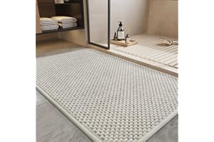 PADOOR-Bath Mat-Super Absorbent Chenille Bathroom Mats-Rubber Backed Bath Mats for Bathroom Non Slip, Easy Clean Bathroom Rugs Front of Bathtub,Shower Room,Sink-17×28, Beige&Cream