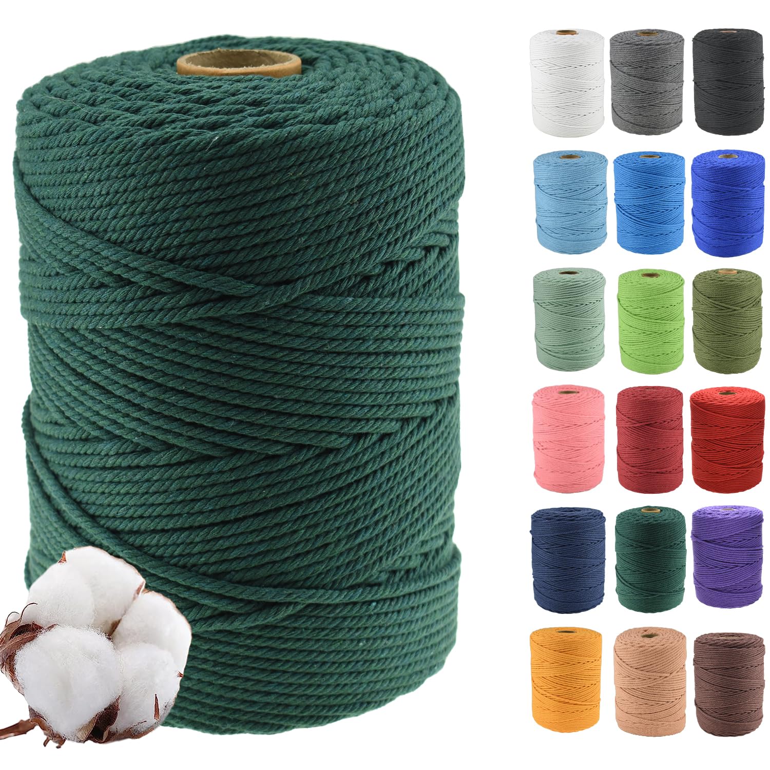 Klhamky 3mm×500m Macrame Cotton Cord, Soft 4 Strand Twisted 100% Natural Cotton for Handmade Wall Hanging, DIY, Craft Making, Knitting, Plant Hangers, Decorative Projects (3mm×500m, Blackish Green) — image 1
