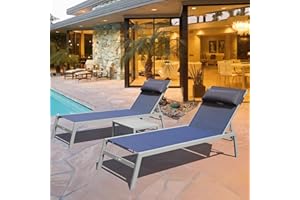 DOMI OUTDOOR LIVING Domi Outdoor Lounge Chairs Set of 3, Upgraded Aluminum Chaise Lounge Chair W/ 5 Adjustable Positions, Patio Lounge Chair for Pool, Deck, Lawn, 2 Pool Chairs and 1 Side Table, Navy Blue