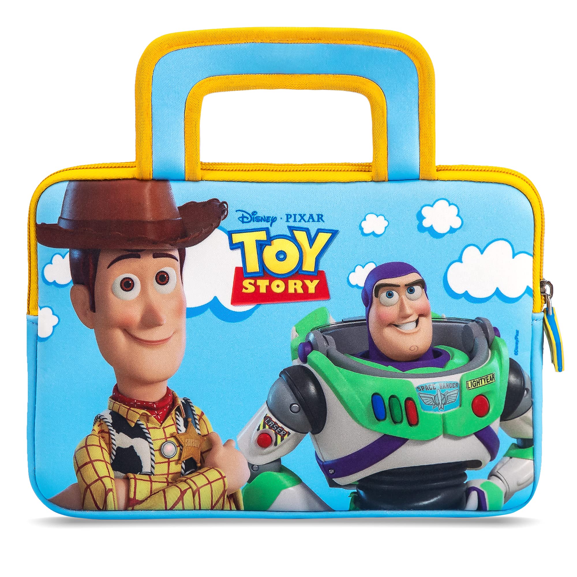 Pebble Gear Toy Story 4 Tablet Carry Bag - Universal neoprene kids carry bag in Pixar Toy Story 4 characters Woody and Buzz Lightyear, for 7" tablets (Fire 7 Kids Edition), with durable zip