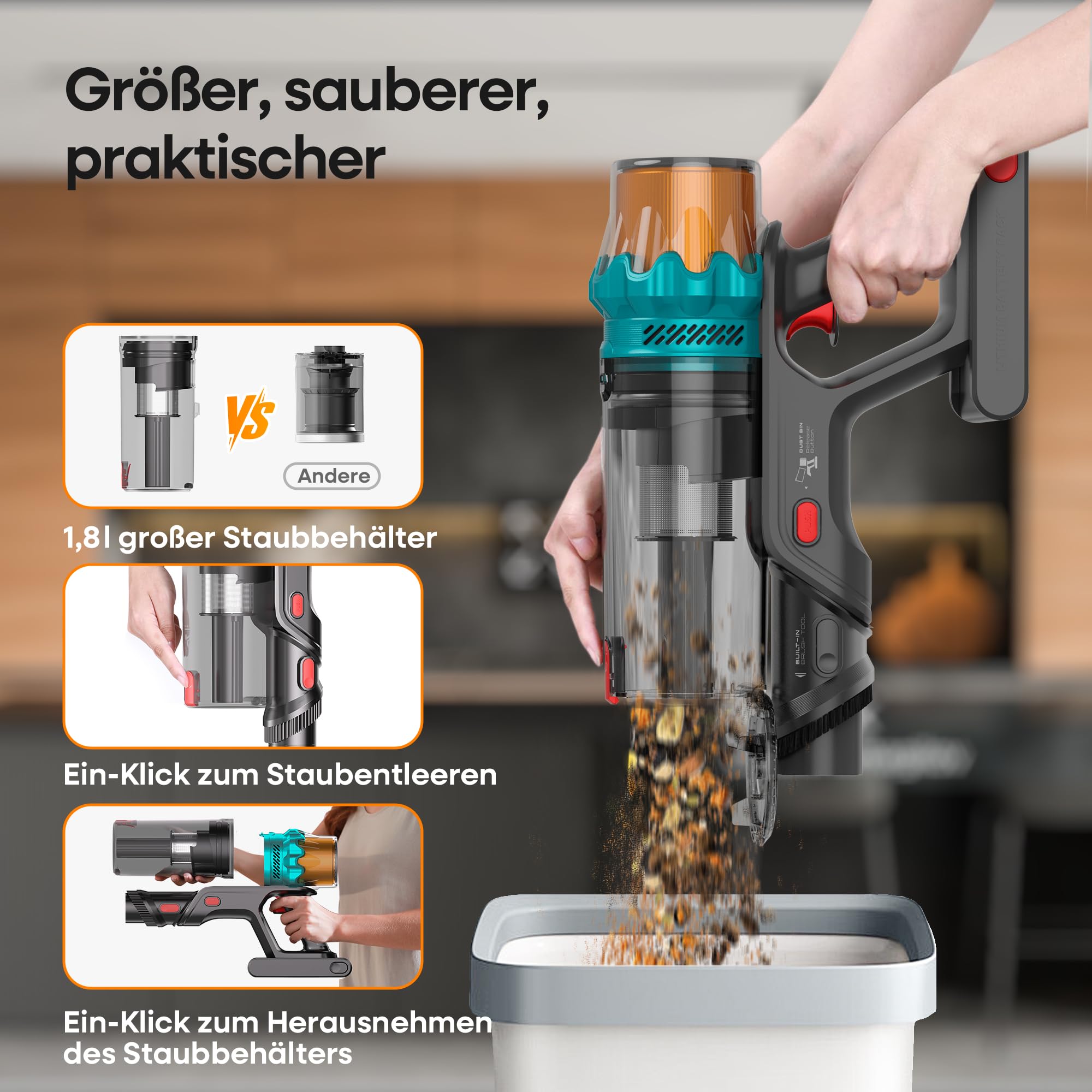 ElecKeys Akku Staubsauger 50000Pa/580W/70Min, Staubsauger Kabellos mit LED Display, 1,8L Akkustaubsauger mit Anti-Tangle-Bürste, Selbststehend für Tierhaare Teppiche Hartböden Auto, Blau, K10 9