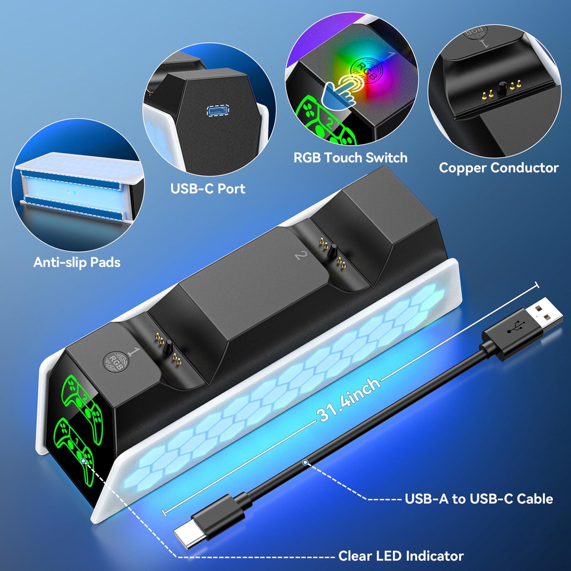 RGB PS5 Controller Ladestation für Dualsense Controller, Ladestation für PlayStation 5 Controller Zubehörset mit 2Std Schnelllade, PS5 Zubehör 6