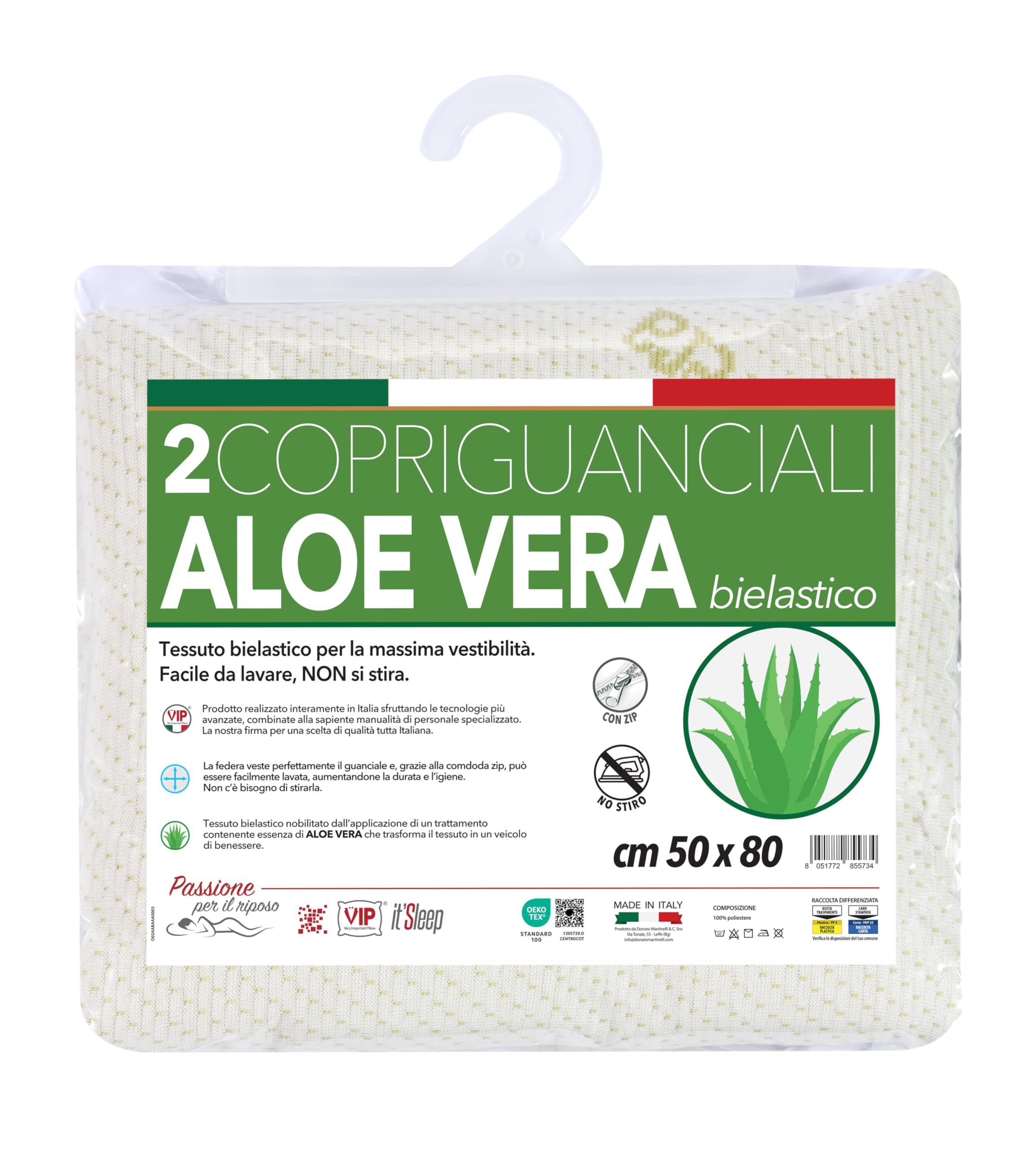 V.I.P. Very Important Pillow V.I.P. Pair of Aloe Vera Jacquard Stretch Pillowcases with Zip 50 x 80 cm, Made in Italy