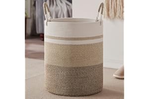 SIXDOVE Laundry Hamper, Large Woven Rope Laundry Basket with Handles, Decorative Storage Basket for Clothes and Toys in Living room, Bedroom, 15" x 20", Jute & White