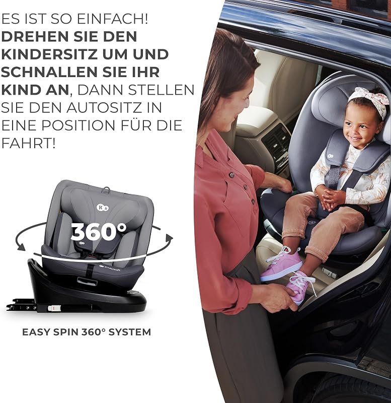 I-GROW Kindersitz 0-36 kg, I-SIZE 40-150 cm, 360 grad drehbar, Kinderautositz mit Isofix station, FWF und RWF, Verstellbare Kopfstütze/Rückenlehne mit Liegeposition, Grau