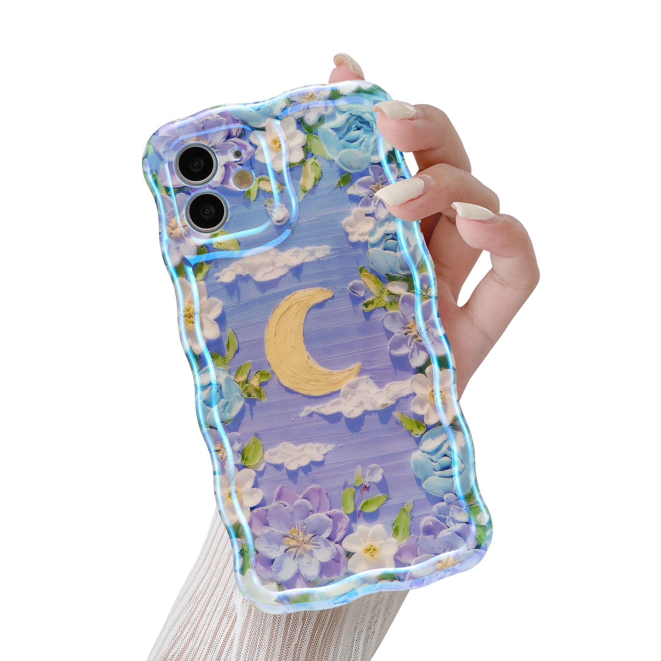 QLTYPRI Compatible with iPhone 12 Case, Oil Painting Flower Moon Pattern Design for Girls Women, Cute Curly Wave Frame Slim Soft Silicone TPU Bumper Shockproof Phone Cover for iPhone 12 - Purple #3 — image 1