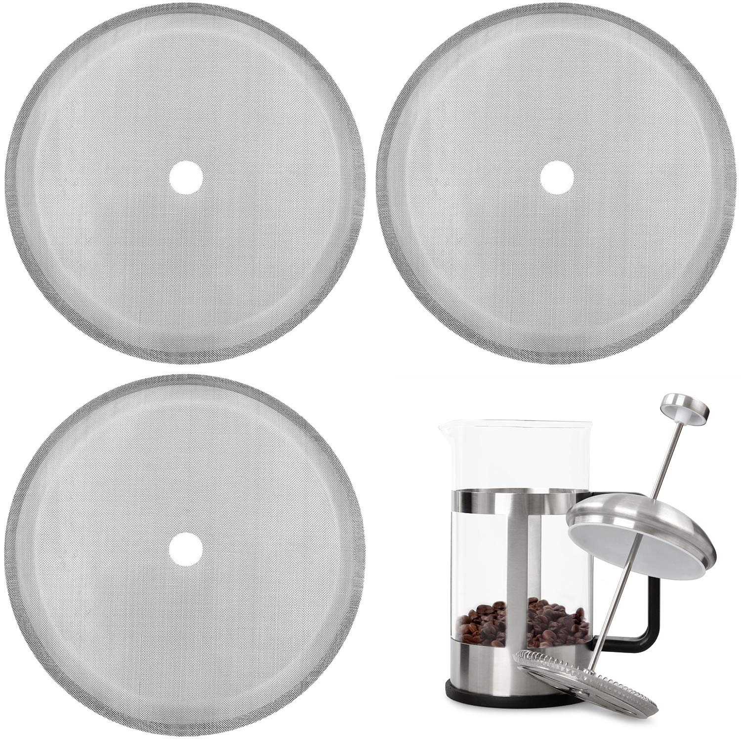 BOAO 3 Packs French Press Replacement Filter Mesh Screen 4 Inch Mesh Coffee Press Filters, Stainless Steel Reusable, for 8 Cup/ 34 Oz/ 1000 ml Coffee Tea Makers