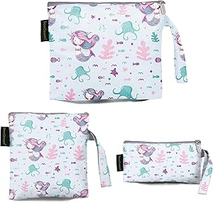 BeeGreen Mermaid Reusable Sandwich Bags with Food-Grade PEVA Lining Nylon Washable BPA Free Snack Bags for Handmade Food, Office School, Picnics, BBQ, 3 Sizes