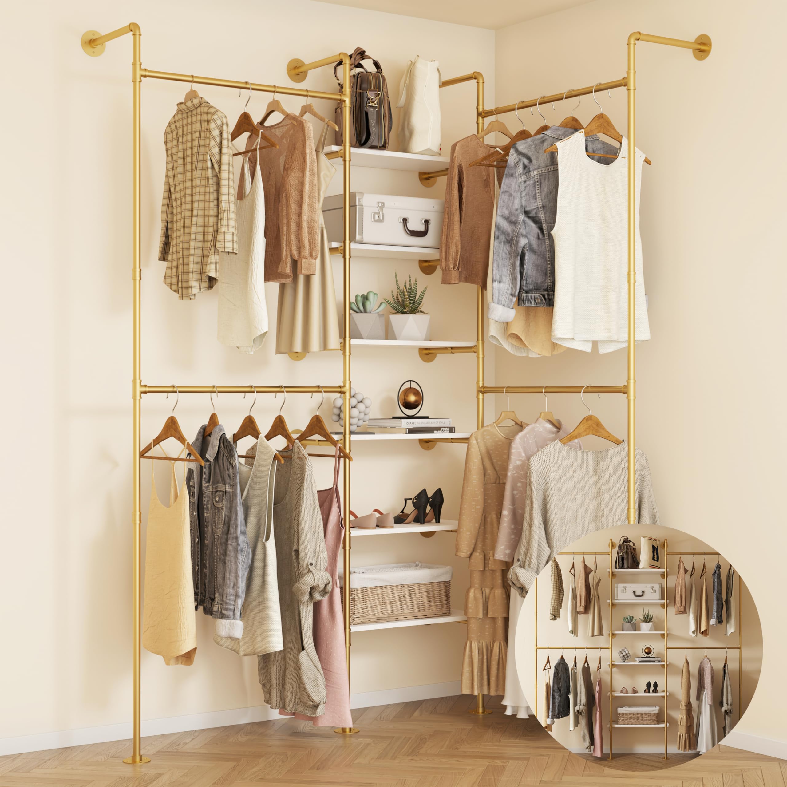 Photo 1 of HKaikzo Industrial Pipe Clothes Rack, DÉCOR Wall Mounted Clothing Rack, for Walk-in Wardrobe Multi-Purpose Storage Clothes Hanging Shelf, 2 Installation Methods Gold