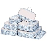 Narwey 7 Set Floral Packing Cubes for Travel Carry on Suitcase Luggage Organizer Bags for Kids Women Men, Durable Packing Organizers Bag, Travel Essentials Accessories (Little Blue Flower)