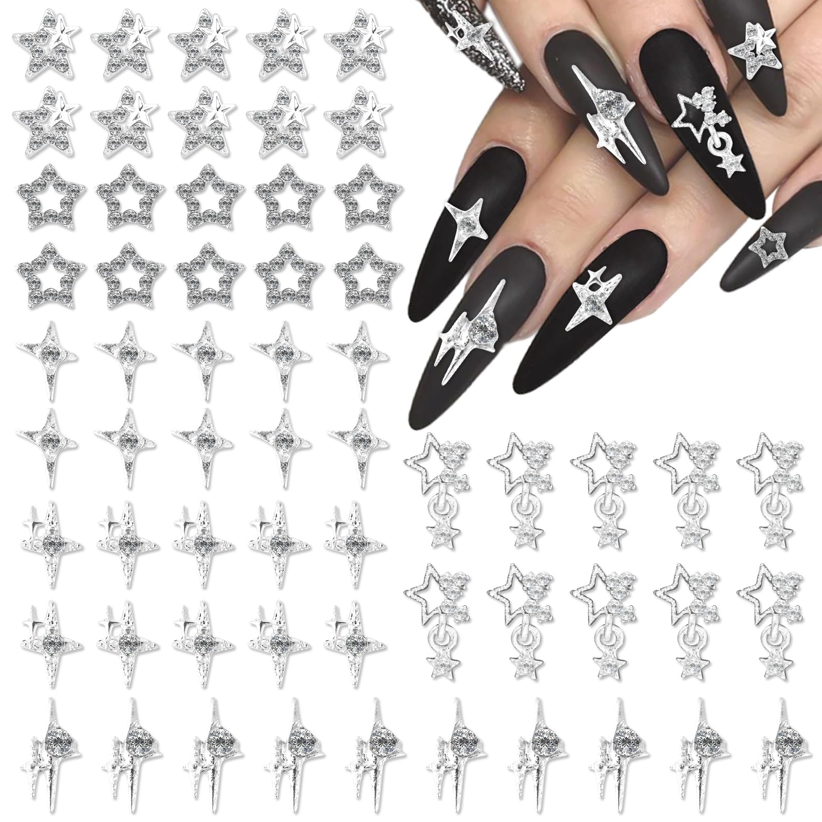 60pcs 3D Star Nail Charms, Silver Star Nail Rhinestones Star Nail Gems Crystal Stars Nails Decorations Nail Jewels for Women Girls Nail Decor DIY Crafts