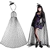 Croloose Black Lace Hooded Cloak Spider Web Cape Halloween Costume Women Witch Fascinator Headband for Cosplay Vampire Witch