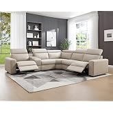 Power Reclining Sectional, Sectional Recliner, Leather Reclining Sectional | Electric Reclining Couch with Storage &amp; USB, Console, Adjustable Headrest &amp; Cup Holders for Living Room, 5-Seater Beige Brown