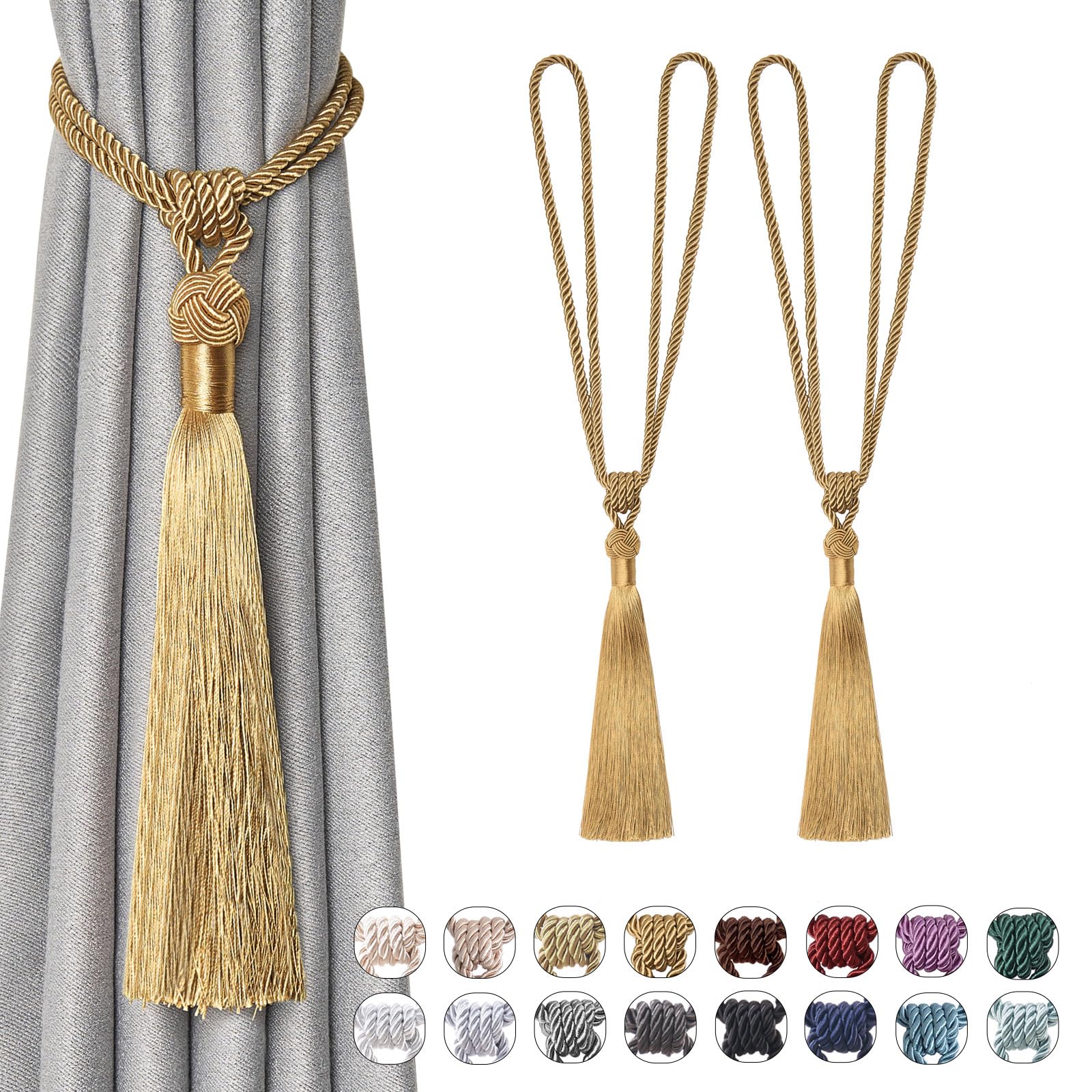 Pretty Jolly 2 Pack Long Tassel Curtain Tiebacks Handmade Braided Rope Knot Drape Tie Backs European Style Decorative Curtain Holdbacks for Home & Office Window Drapery (Bronze)