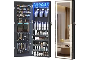 LVSOMT LED Mirror Jewelry Cabinet, Wall/Door Mounted Jewelry Organizer Armoire, Full Length Mirror with Jewelry Storage, Over the Door Hanging Jewelry Cabinet with Lights (Black)